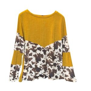 BIBI Mustard Yellow Cow Print Long Sleeve Tunic Top Women's Size L Western